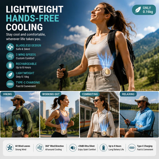 🌬️ Stay Cool All Day Anywhere Hands-Free Waist Fan — Portable, Rechargeable & Powerful Personal Cooling