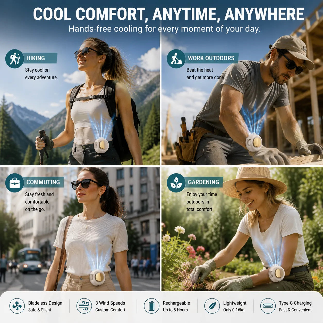 🌬️ Stay Cool All Day Anywhere Hands-Free Waist Fan — Portable, Rechargeable & Powerful Personal Cooling