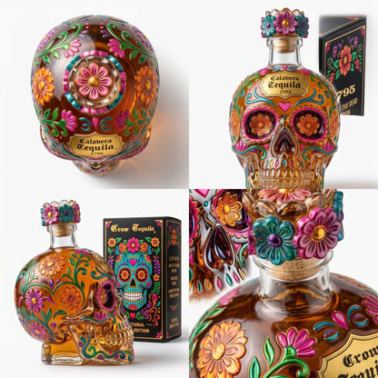 💀🌸 Limited Day of the Dead Special Edition — Sculpted Skull Tequila Art Bottle With Vibrant Floral Details For Collectors, Bar Displays & Unforgettable Toasts ✨🍯